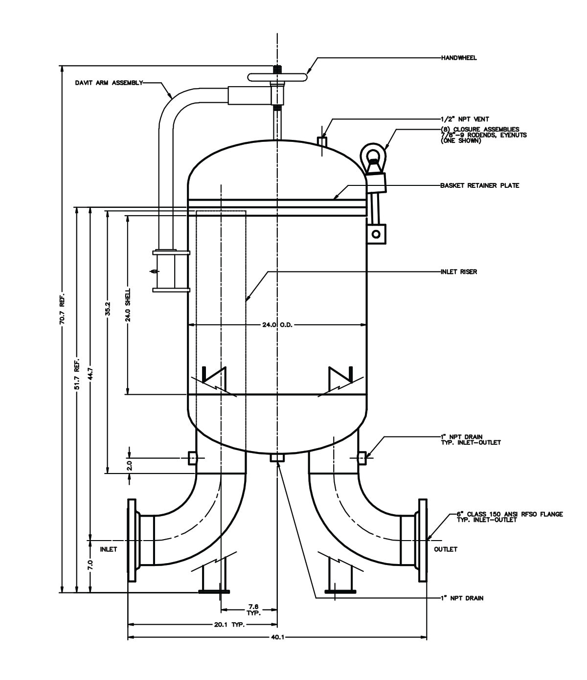diagram with dimensions of multi round bag housing 6 round six compartments