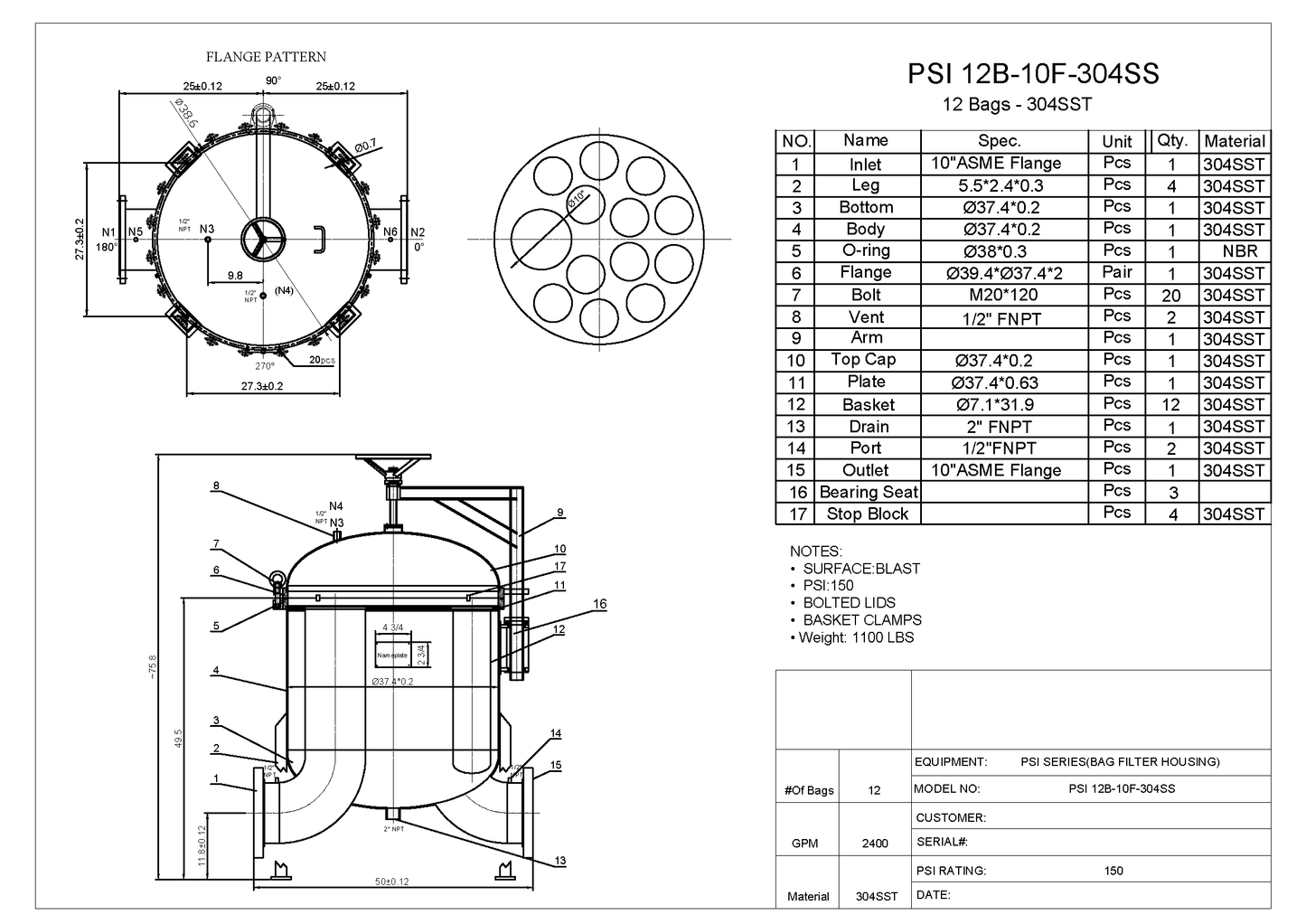 PSI Model 12B Multi-Bag Filter Housing (12 Bag)