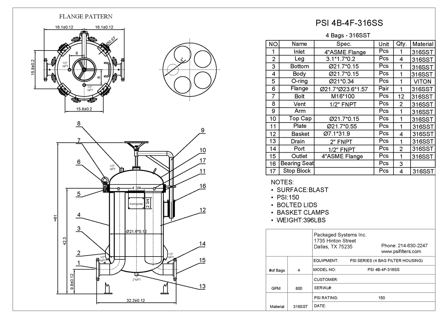 PSI Model 4B Multi-Bag Filter Housing (4 Bag)