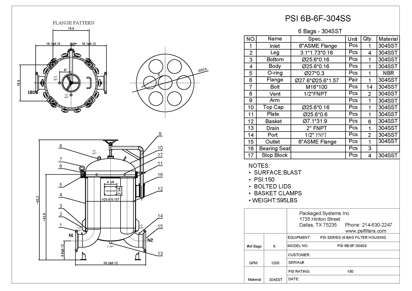 PSI Model 6B Multi-Bag Filter Housing (6 Bag)