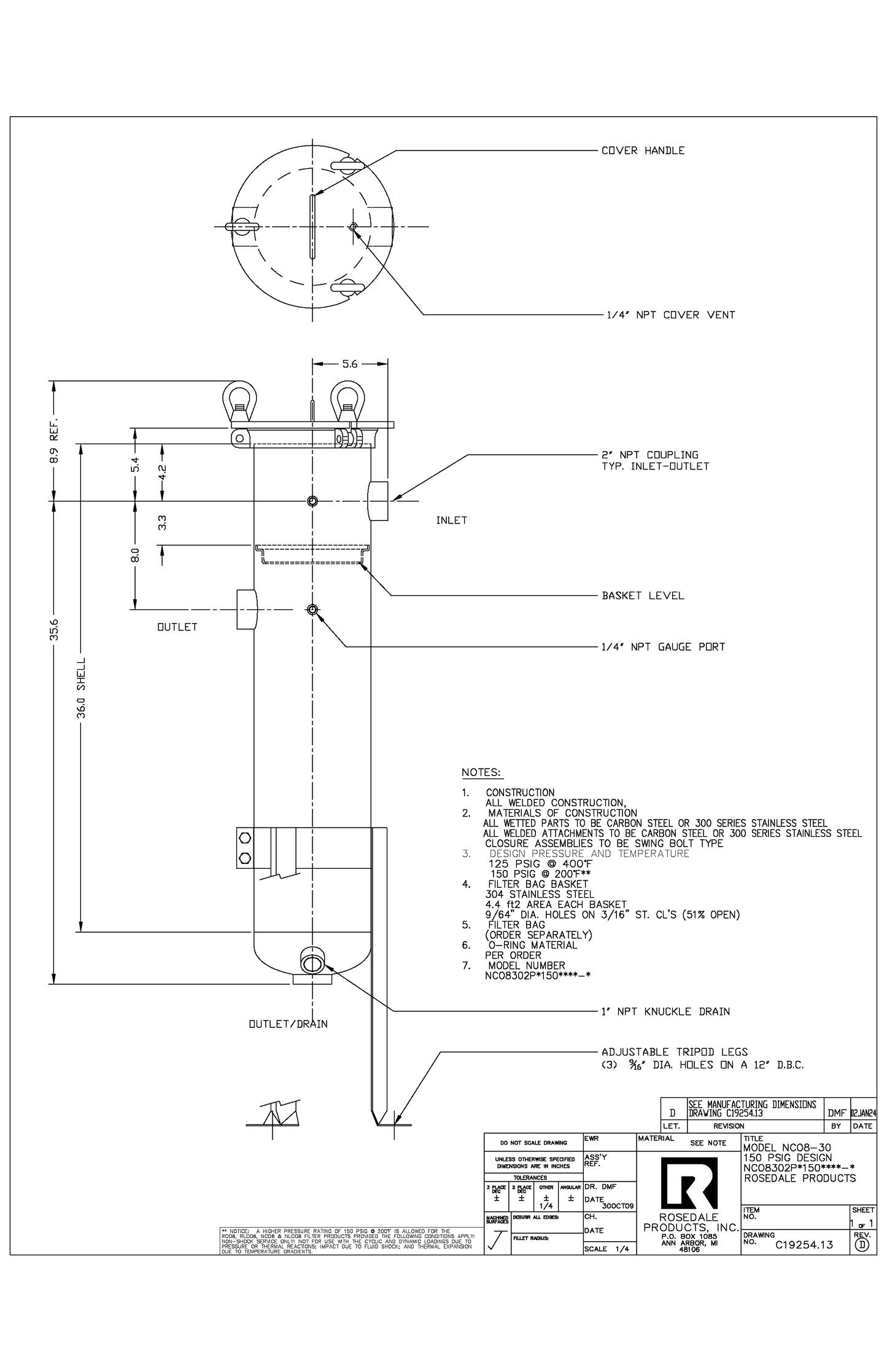Rosedale Model NCO 8-30 Uni-Style Bag Filter Housing