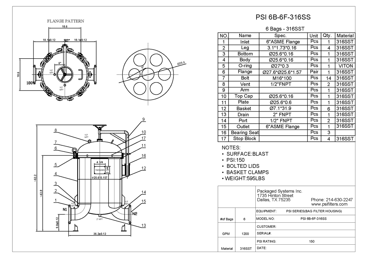 PSI Model 6B Multi-Bag Filter Housing (6 Bag)